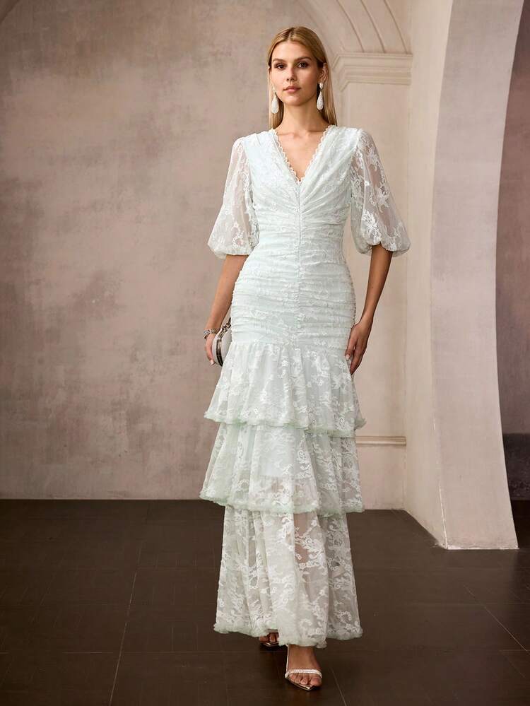 MOTF Soiréza WOMEN'S LACE OVERLAY PUFF SLEEVE LAYERED RUFFLE HEM CAKE COCKTAIL DRESS, ROMANTIC PARTY, SPRING/SUMMER