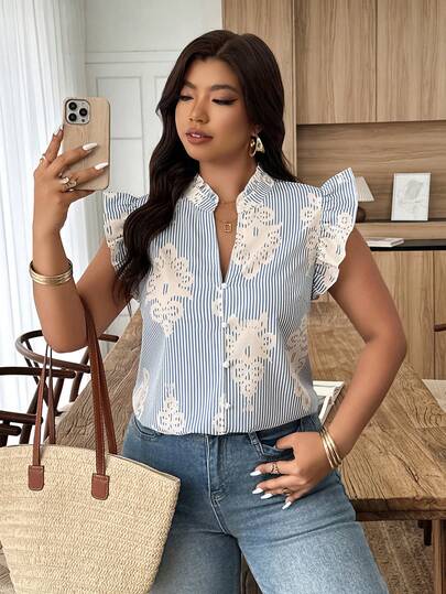 Weeklong Plus Size Women's Spring/Summer Striped Base Solid Floral Casual Holiday Shirt