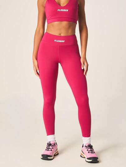 Missguided x Playboy Women High Waisted Full Length Hot Pink Sports Leggings With Logo Athletic Yoga Pants Stretchy Workout Tights