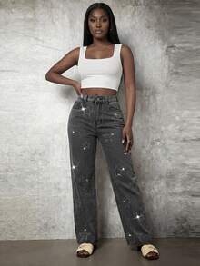 Slaydiva Women's Casual Everyday Wear Jeans With Pockets, Button Closure And Rhinestone Five-Pointed Star Pattern Shiny - Black - View 4