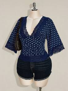 SHEIN ICON Áo cỡ lớn phong cách Y2K chấm bi gợi cảm cổ chữ V phối ren tay loe - Màu xanh hải quân - Xem 4