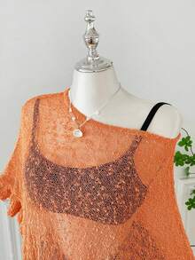 SHEIN EZwear 加大码夏季斗篷上衣，休闲钩编不对称领口荷叶边下摆半透明约会装，橙色 - 亮橙色 - 查看 4