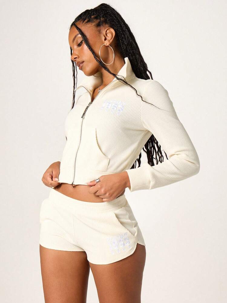 Missguided x Playboy Women's Cream Ribbed Knit Full Zip Hoodie With Drawstring Hood And Centre Pocket Casual Fall Winter Athleisure Jacket