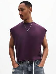 SUMWON 男士无袖圆领背心，星形图案印花设计，休闲夏季日常基础款T恤款式 - 酒紅色 - 查看 4