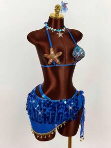 Amplova Bộ bikini 3 món dành cho nữ, họa tiết sao biển và vỏ sò, kèm váy đính hạt, gợi cảm, thích hợp cho kỳ nghỉ, lễ hội âm nhạc, mùa xuân/hè. - Màu xanh lam - Xem 12