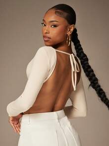 Denimoi Backless Crop Top With Hardware Detail Sexy Tops Vacation Tops GNO - Beige - View 2