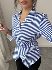 Elenzga Women's Elegant Fashion V-Neck Waist Cinched Mid-Sleeve Asymmetrical Design Daily Commute Date Minimalist Versatile Top, Blue Striped Blouse - Blue - View 5