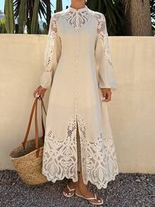 DAZY 蕾丝拼接镂空收腰长袖优雅正式夏季女式连衣裙 - 杏色 - 查看 3