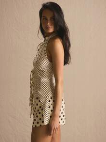 MUSERA Tie Front Polka Dot Linen Top Only Spring Summer Cosy Cute Daily Girly Vacation Sunlight Social Festival - Multicolor - View 3