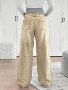 SHEIN Jeans rectos y holgados con soporte de punto para el vientre de maternidad - Caqui - Ver 2