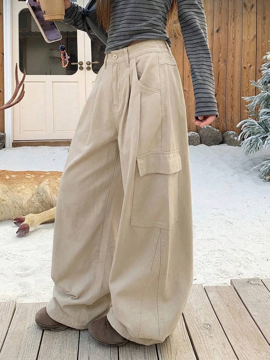 Women's Casual Loose Wide Leg Flare Jeans - Khaki - View 1