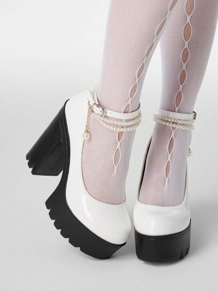 ROMWE Giày cao gót đế xuồng chống thấm nước, thời trang, thanh lịch, đa năng dành cho nữ, thích hợp cho Giáng sinh và Ngày Valentine. - Bạch Tuyết - Xem 1