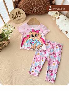 SHEIN Bộ đồ mặc nhà cho bé gái sơ sinh in hình hoạt hình dễ thương, tay ngắn và quần dài, thích hợp cho mùa hè. - Hồng - Xem 8