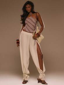 MUSERA 纹理条纹饰边细节露背修身长款无袖上衣，适合春夏度假海滩，优雅伊比沙岛节日休闲穿着。 - 彩色 - 查看 5