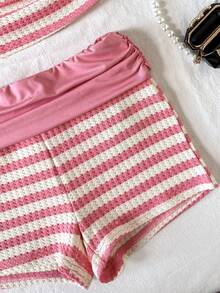SHEIN 青少年女孩休閒簡約舒適條紋背心短褲套裝 - 粉色 - 查看 3
