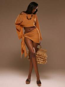 MUSERA Cheesecloth Asymmetric Slash Neck Draped Long Sleeve Top Spring Summer Vacation Beach Elegant Ibiza Festival Holiday Tajine - Orange - View 5