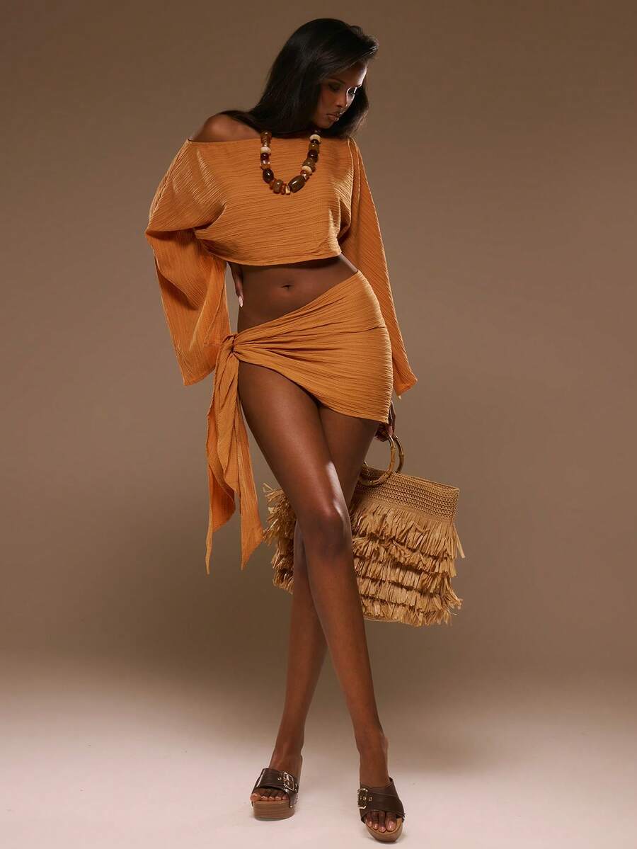 MUSERA Cheesecloth Asymmetric Slash Neck Draped Long Sleeve Top Spring Summer Vacation Beach Elegant Ibiza Festival Holiday Tajine - Orange - View 1