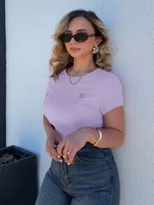Jeta Ari Simple Solid Color Embroidered Heart Short Sleeve Women T-Shirt Summer,Business Casual Women - Violet Purple - View 7
