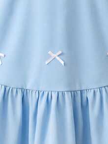 SHEIN 少女宽松休闲舒适翻领卡通图案荷叶边下摆连衣裙 - 藍色 - 查看 3