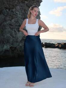 Turnttoni 女士缎面半身裙，百搭鱼尾裙摆半身裙，日常穿着，藏蓝色 - 藏蓝色 - 查看 6