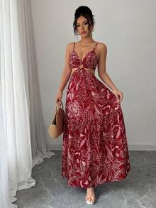 Elenzga 女士印花收腰中长连衣裙，适合度假、日常穿着和通勤 - 玫瑰紅 - 查看 3