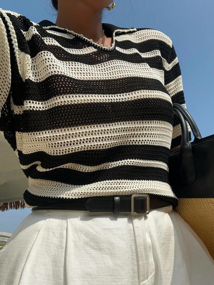 Dazy Plus Color Block Loose Fit Short Sleeve Casual Black Knit Top, Spring/Summer