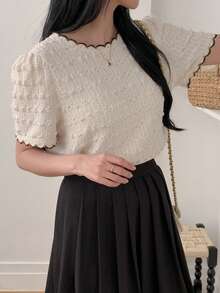 DAZY Women's Summer Textured Loose Fit Contrast Trim Casual T-Shirt - Apricot - View 6