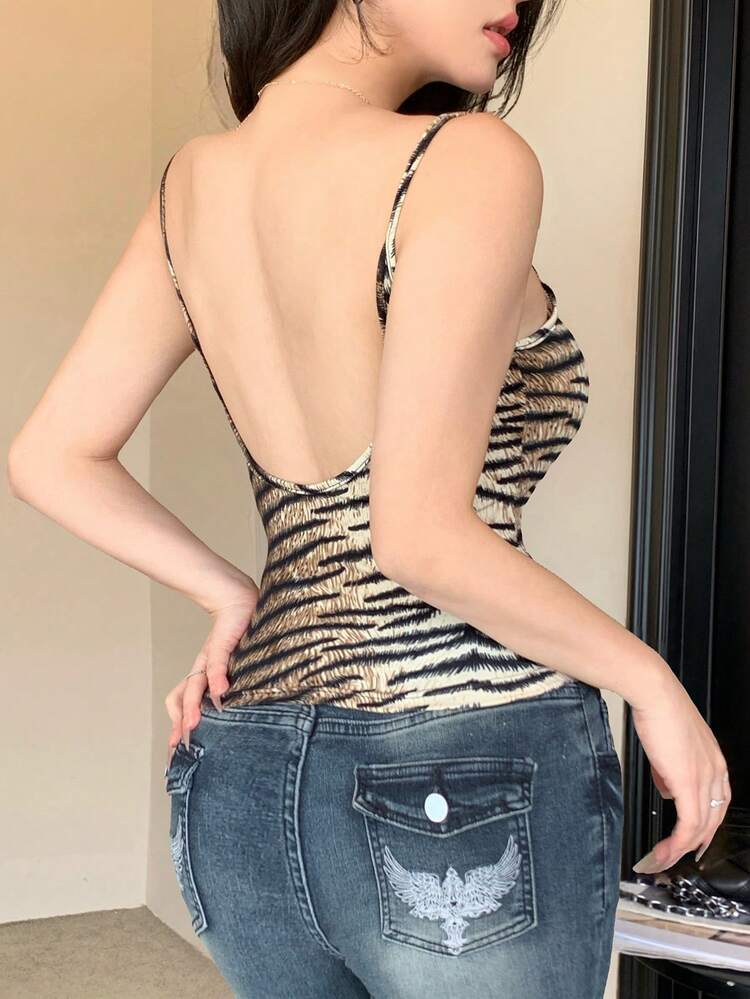 Tiger Print Fitted Backless Camisole Summer