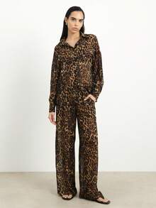 KSTM Leopard Print Two Piece Lounge Set Long Sleeve Button Up Shirt Wide Leg Pants Matching Outfit Loungewear Sleepwear Pajama Set - Multicolor - View 1