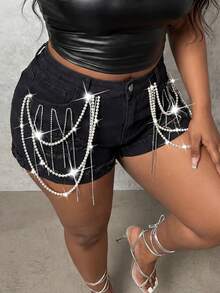 Slaydiva Plus Size Pearl Chain Decor Distressed Denim Shorts Party Luxury Diamond Sparkling Pearl Shiny - Black - View 3