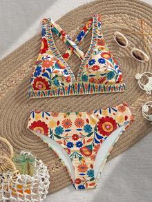 Swim Lushoire Bộ đồ bơi hai mảnh kín đáo cổ chữ V viền hoa mới cho nữ, thích hợp cho mùa xuân/hè. - Nhiều màu - Xem 6