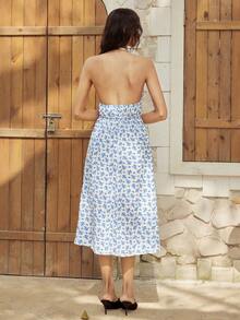 Gaivellea Women's Summer Vacation Casual Daily Printed Halter Dress - Blue and White - View 2