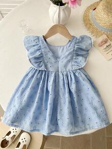 SHEIN LMoss Kids 女婴纯色梭织方领荷叶边下摆休闲连衣裙 - 藍色 - 查看 5