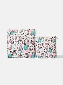 HELLO KITTY AND FRIENDS | SHEIN 可爱化妆包，适合旅行收纳、日常使用。学生用品化妆品整理包，学习必备，宿舍收纳，旅行必备，节日和圣诞节必备化妆包 - 白粉色 - 查看 1
