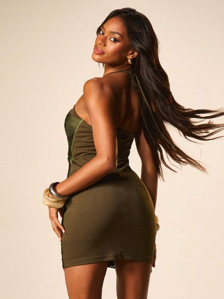 MISSGUIDED Olive Green Metallic Halter Neck Mini Dress Bodycon Sleeveless Party Cocktail Evening Ruched Center Seam Strapless