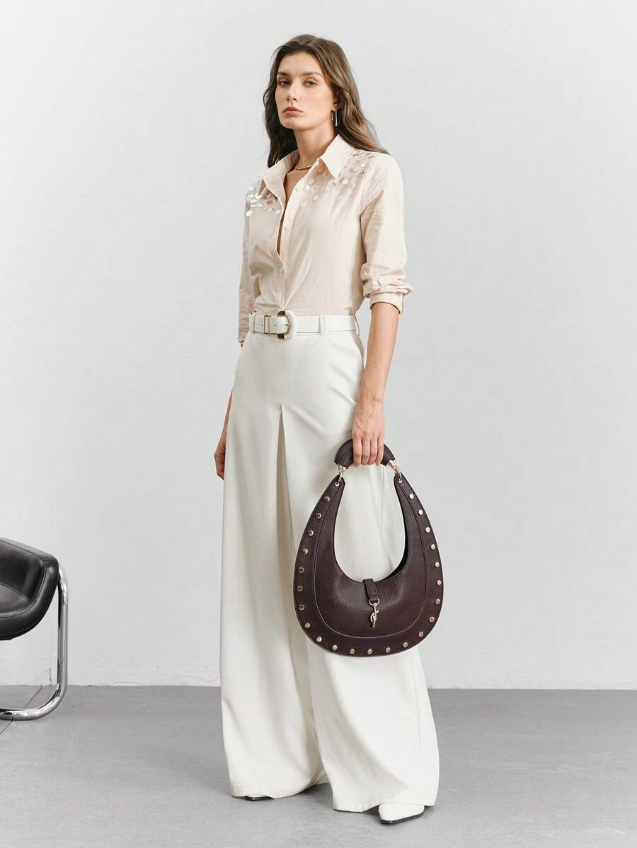 SHECARRY Túi đeo vai nữ kiểu dáng thường ngày, đính đinh tán, hình lưỡi liềm. - màu nâu - Xem 1