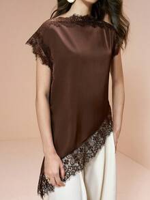 Arave 女士优雅纯色蕾丝拼接不对称下摆衬衫，夏季 - 棕色 - 查看 5
