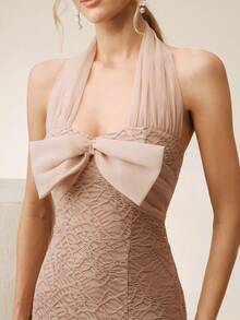 Anewsta 透视网纱拼接美人鱼连衣裙，优雅修身长款连衣裙，适合春夏穿着 - 淺粉色 - 查看 1