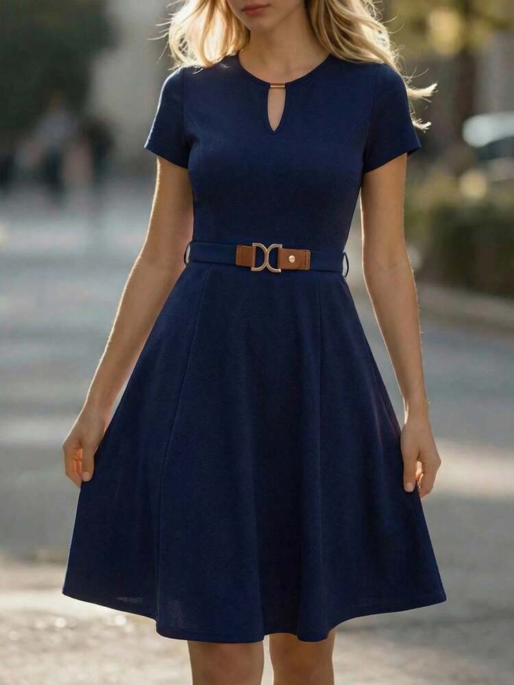 Elegant Navy Blue Midi Dress For Women Summer Spring Formal Dress With V-Neck And Belted Waist, Ideal For Wedding Guest Party Graduation And Going Out Occasions