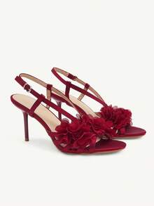 CUCCOO CHICEST Giày nữ mùa xuân hè, giày cao gót hở mũi, khóa chữ T, họa tiết hoa lưới, chất liệu lụa satin màu đỏ tía, thích hợp cho đám cưới, tiệc tùng, hẹn hò, mua sắm, quà tặng ngày lễ. - Đỏ - Xem 3