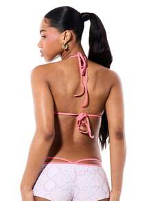 BABYPHAT Pink Snake Print Triangle Bikini Top With Halter Neck Ties And Adjustable String Straps Summer Beach Swimwear - Pink - View 2