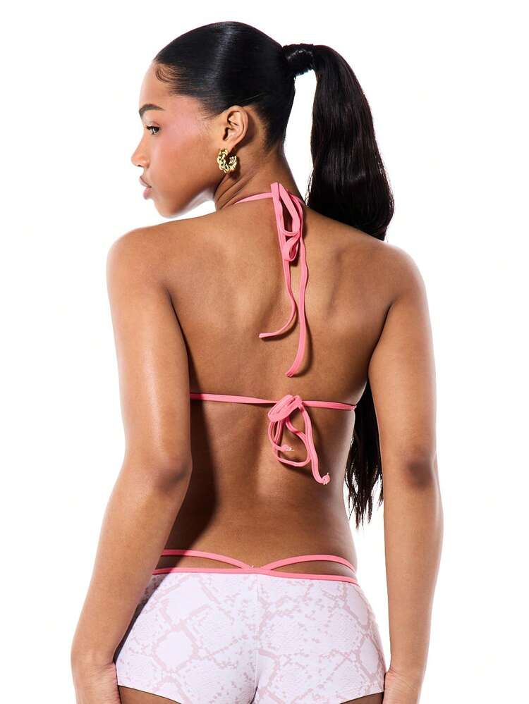 BABYPHAT Pink Snake Print Triangle Bikini Top With Halter Neck Ties And Adjustable String Straps Summer Beach Swimwear