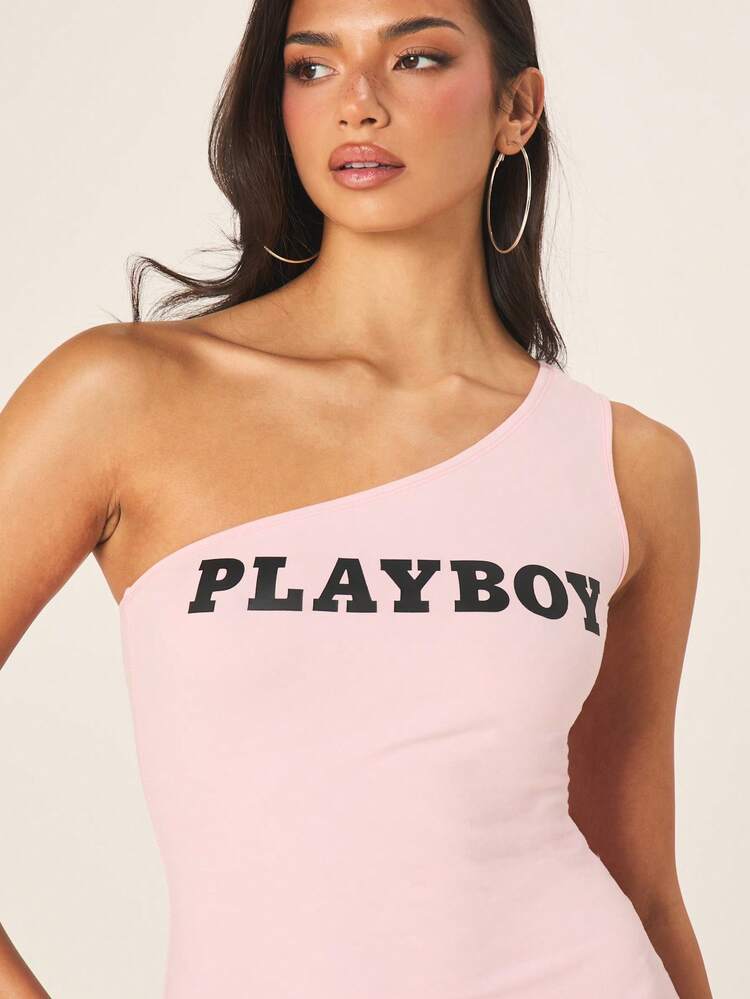 Missguided x Playboy One Shoulder Bodycon Mini Dress With Text Print Perfect For Party Night Out Club Wear Summer Fashion