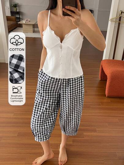 DAZY Bộ đồ ngủ mùa hè dành cho nữ, gồm áo hai dây phối ren và quần pajama kẻ caro.