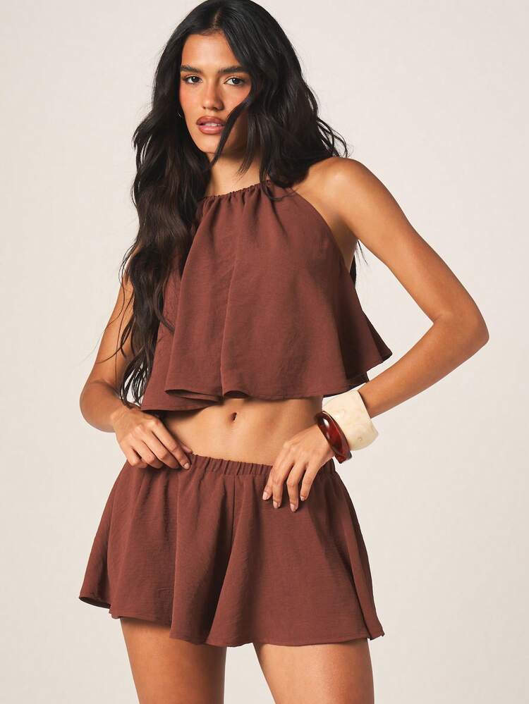 MISSGUIDED Women's Brown Halter Neck Crop Top With Ruffle Shorts Matching Two Pieces Summer Outfit Set Casual Tie Back Sleeveless Coordinated Ensemble