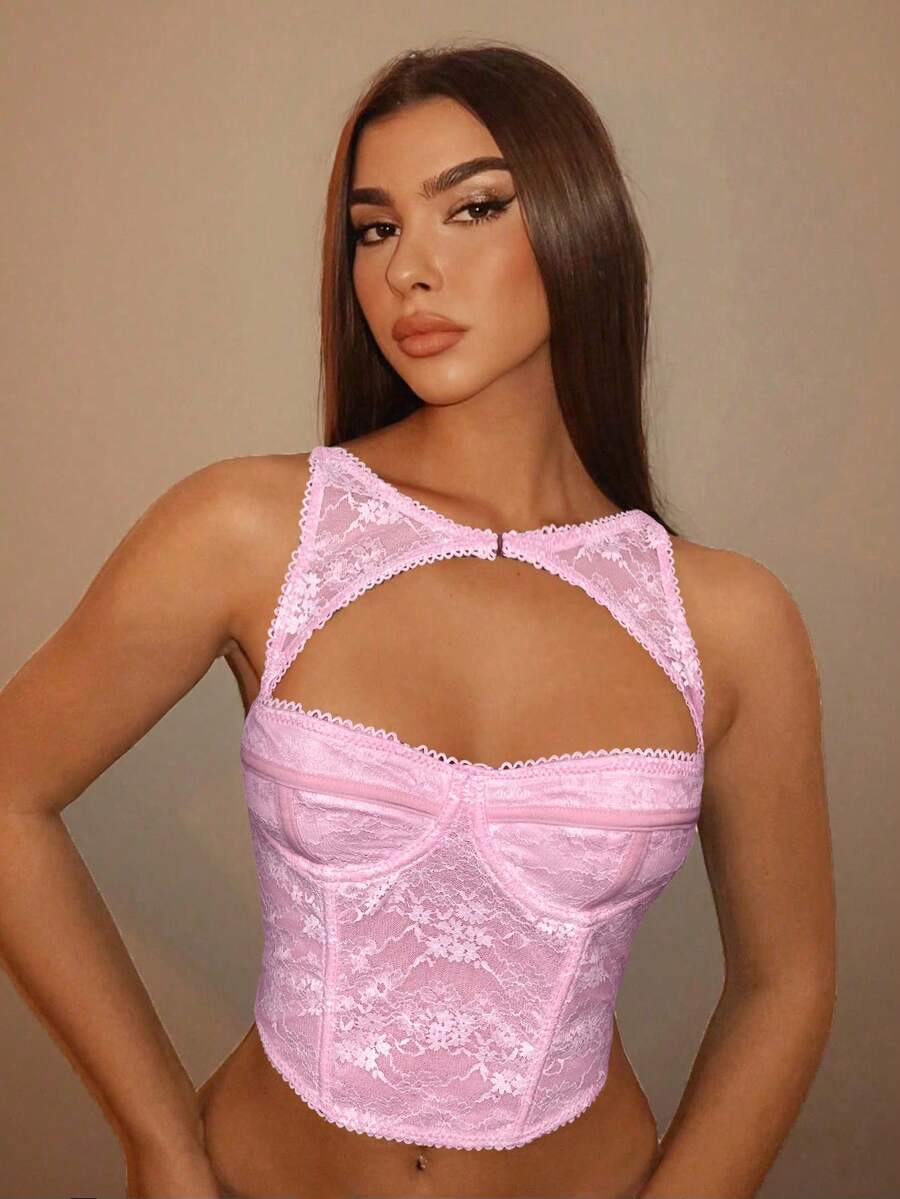 SHEIN BAE Top negru detașabil pentru festivaluri de muzică, sărbători, ținute de concert - Roz Coral - Vizualizare 1