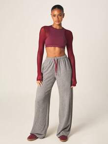 MISSGUIDED Women's Contrast Binding Drawstring Wide Leg Lounge Trousers High Waisted Casual Palazzo Pants With Elastic Waistband Comfortable Relaxed Fit - Dark Grey - View 5