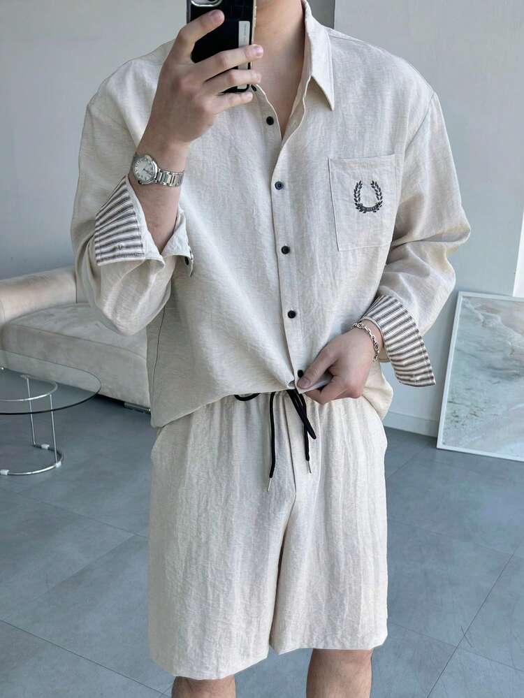 Grey Textured Fabric Men's Single-Breasted Shirt And Shorts Set, Spring/Summer