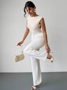 Firerie Women's Elegant Romantic Asymmetric Collar Fashionable Commuter Sexy Elegant Bodysuit, Suitable For Party, Vacation, Romantic Date And Wedding Birthday, Knitted Texture Criss-Cross Strap Fitted Apricot Bodysuit - Apricot - View 5