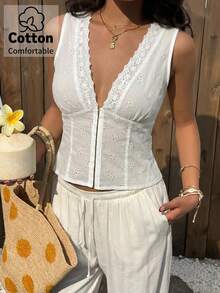 Aloruh Women's Deep V-Neck White Eyelet Embroidery Button-Up Shirt, Spring/Summer - White - View 4